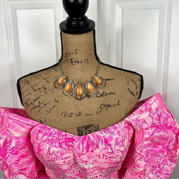 Plunder Light Orange Faux Stone Silver Statement Necklace - Picture 5 of 7